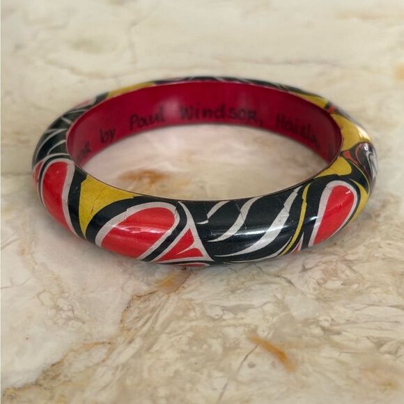 Paul Windsor Haisla First Nations “Brown Bear” Painted Wooden Bangle Bracelet - Picture 2 of 8